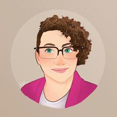 This is a comic style bust portrait of Peggy Shannon-Baker. They have reddish brown curly hair that is buzzed on one side and jaw-length on the other. They are white and light-skinned. They have blue-green eyes and wear black glasses with large frames. They are wearing a purple-pink blazer.